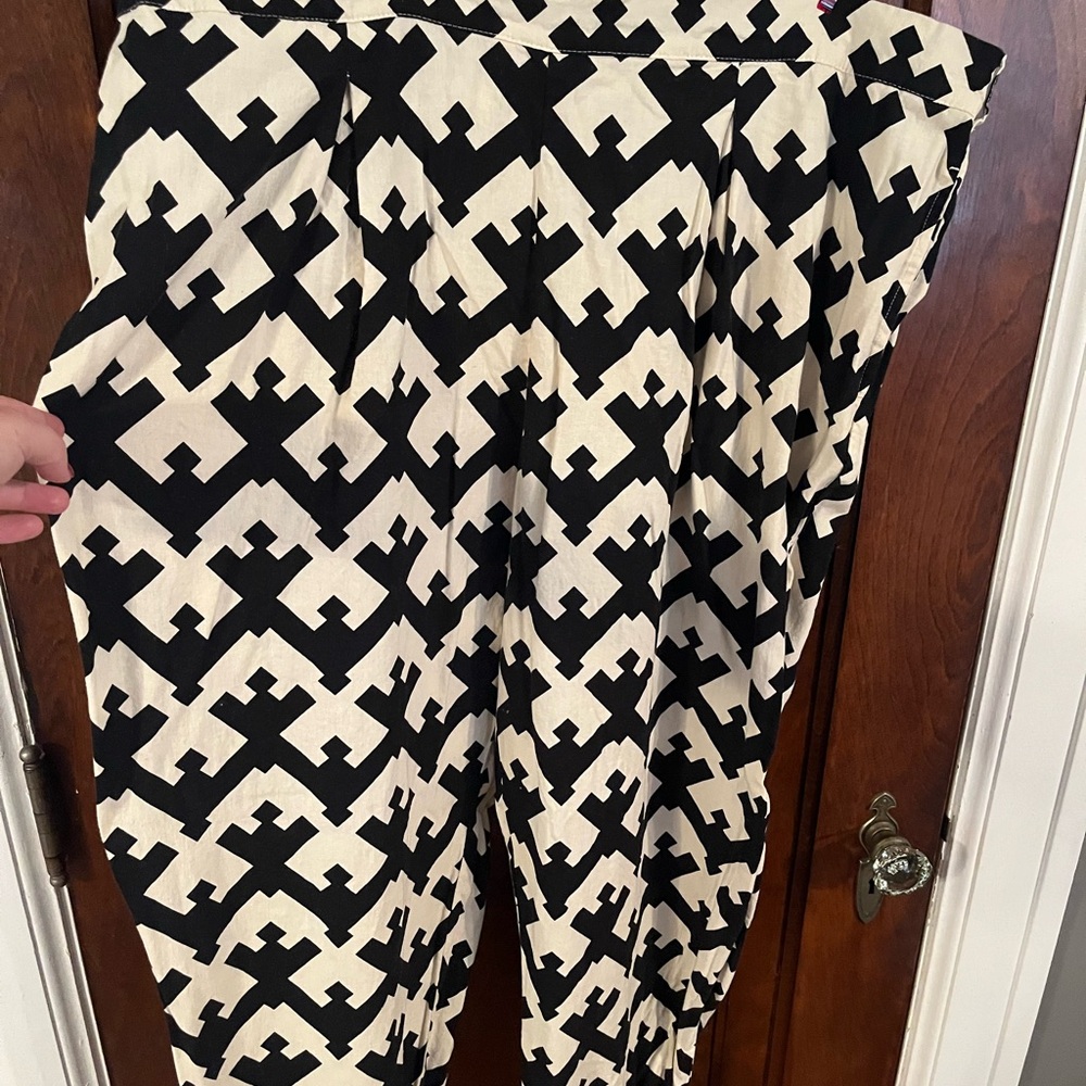 Black and Cream Geometric Linen blend Trousers with Relaxed Fit